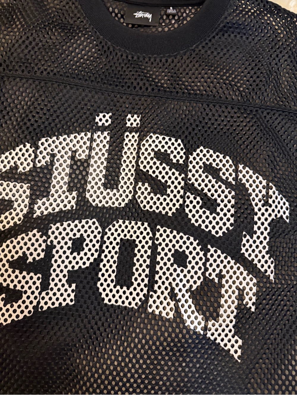 Stussy Black Mesh Logo Jersey with White Lettering